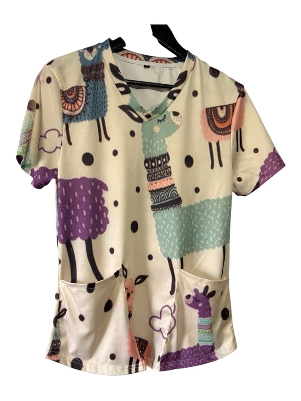 Whimsical Llama Print Scrub Top in Cream, Mint & Purple. Size M